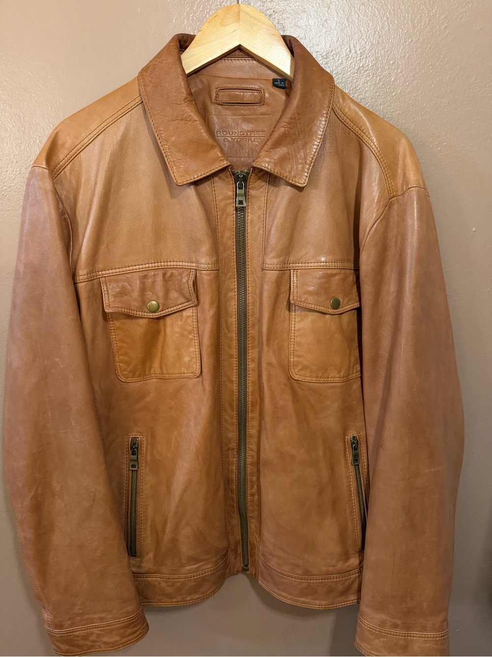 Vintage Roundtree & Yorke Men's Tan saddle Brown zip leather Jacket Pockets XL